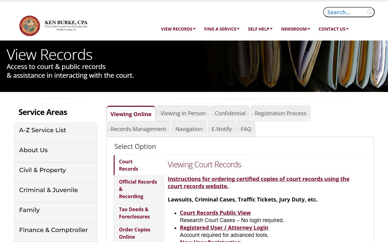 Pinellas County court records clerk public records search guide