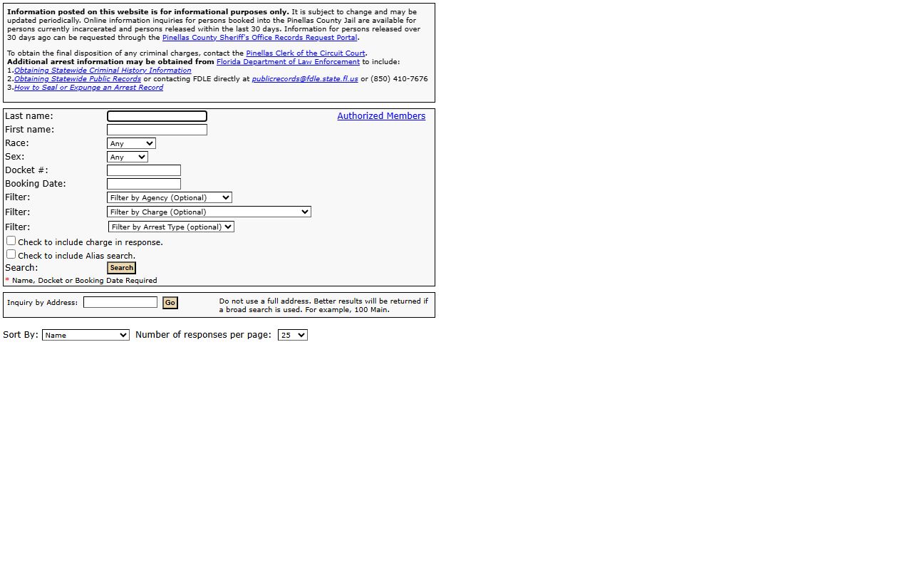 Pinellas County inmate population Arrest Inquiry roster search fields