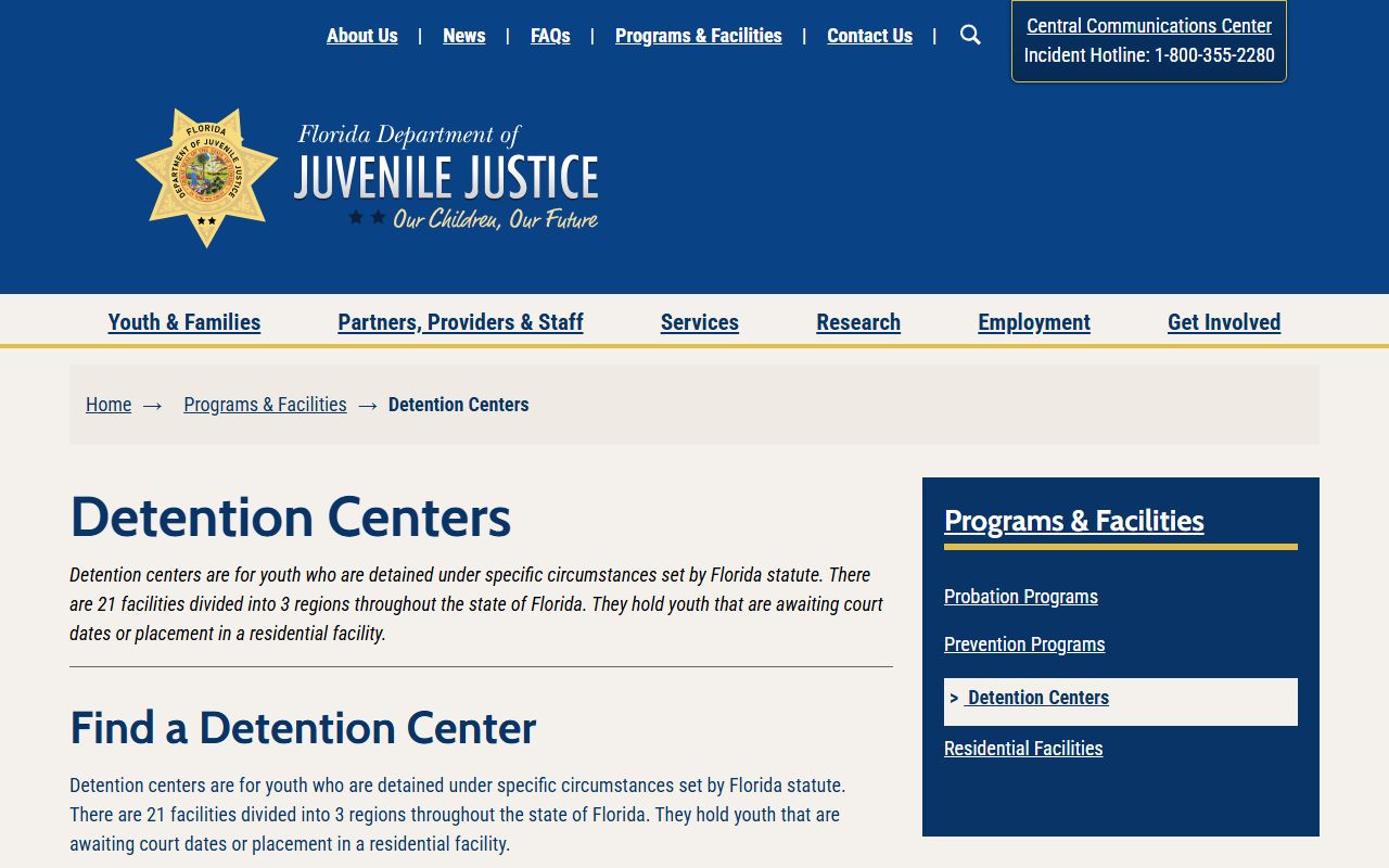 Pinellas County Florida DJJ detention center list including the regional juvenile facility