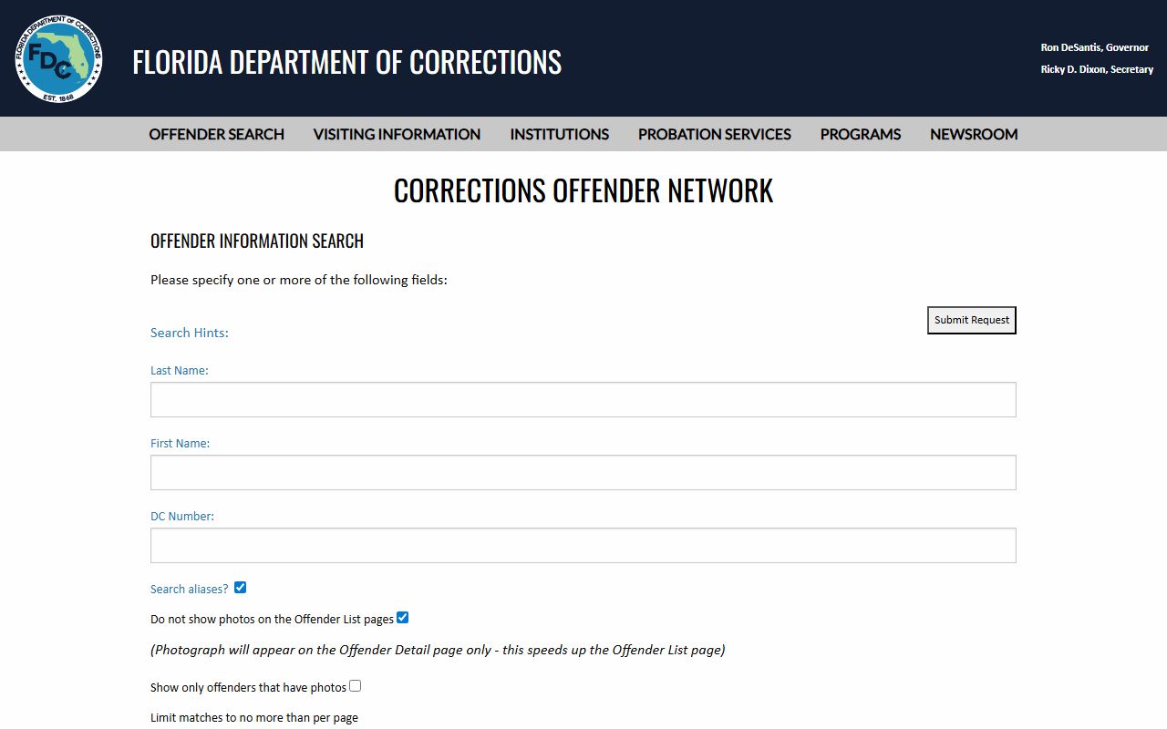 Florida DOC statewide offender search for the Pinellas County inmate population