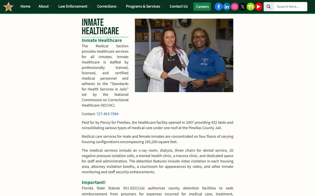 Pinellas County Jail healthcare facility and inmate care information
