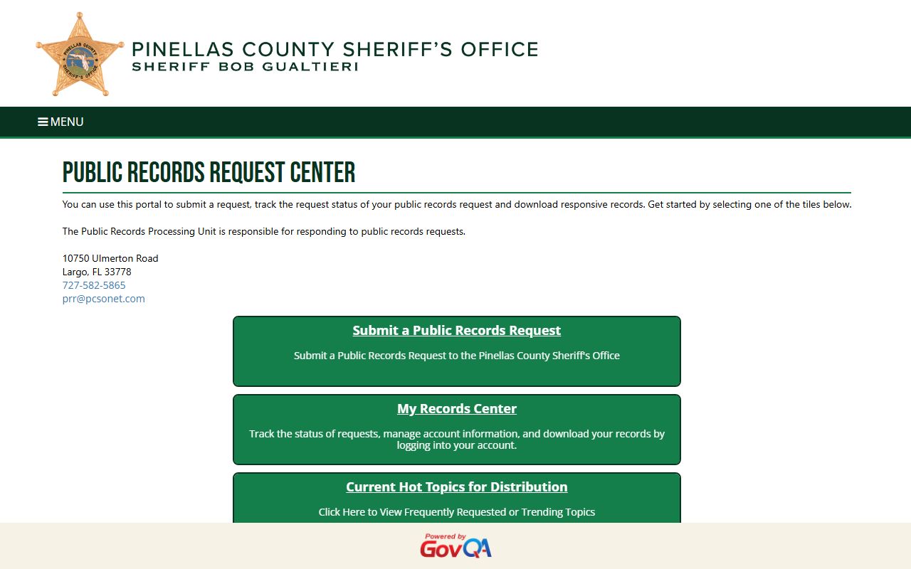 Pinellas County booking photo records request portal run by the sheriff's office