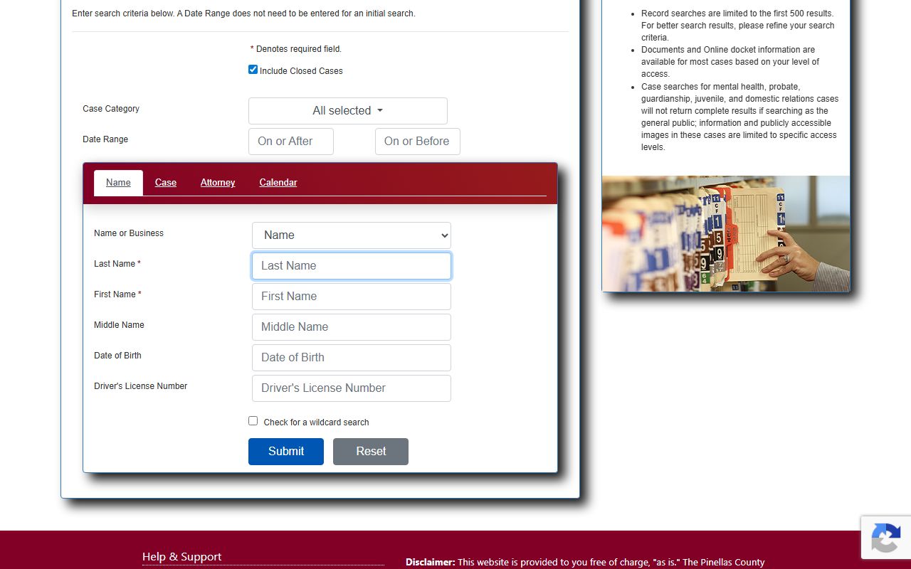 Pinellas County court records public view portal search screen