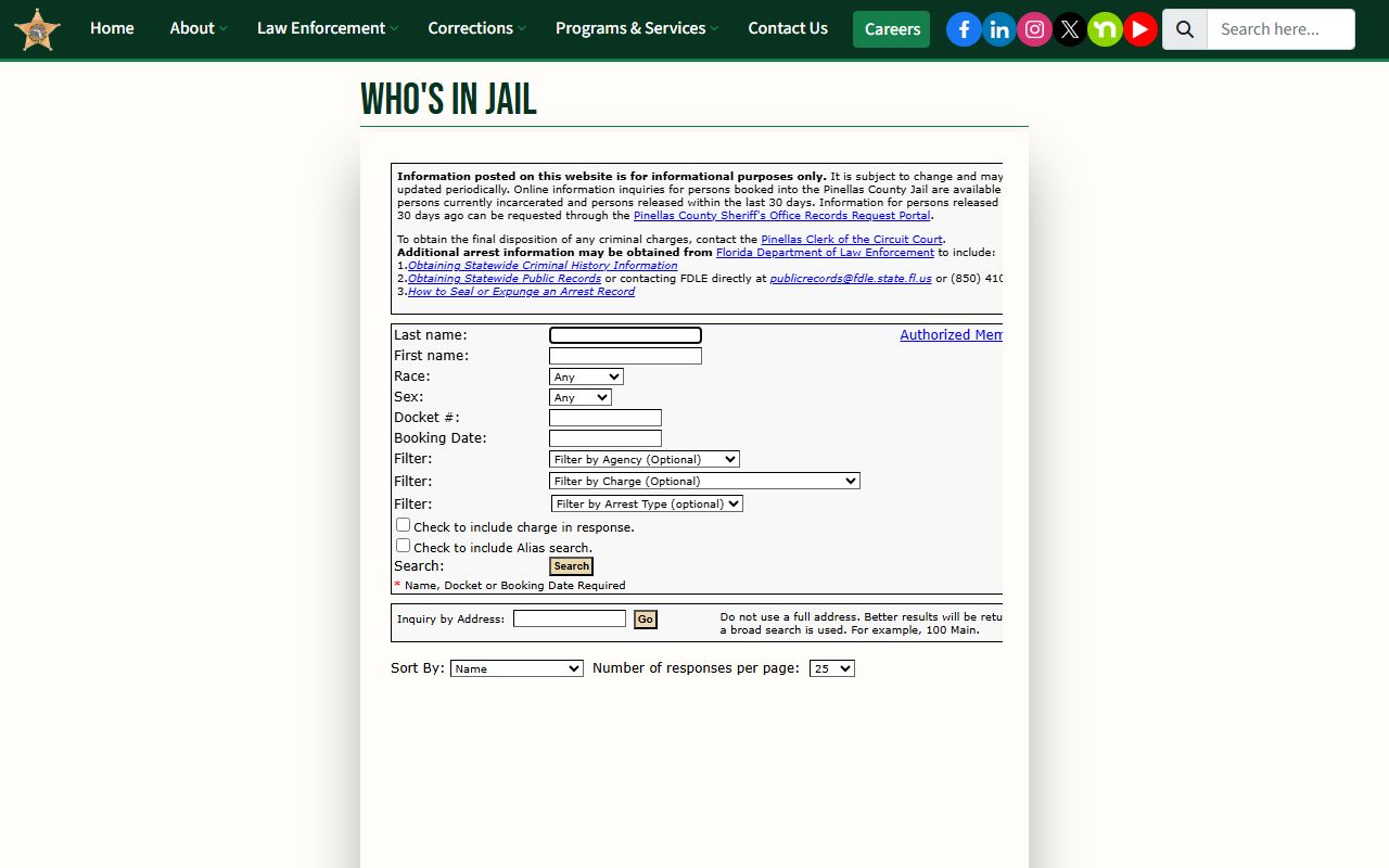 Pinellas County inmate population Who's in Jail roster search page