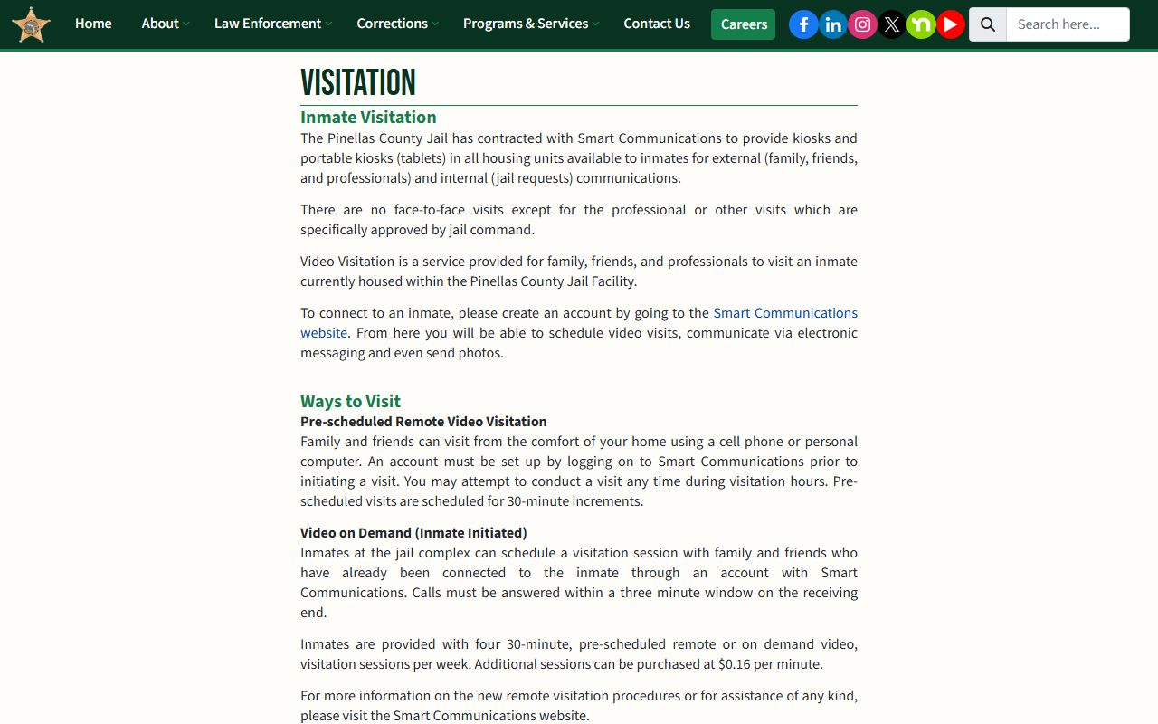 Pinellas County Jail Smart Communications visitation rules page